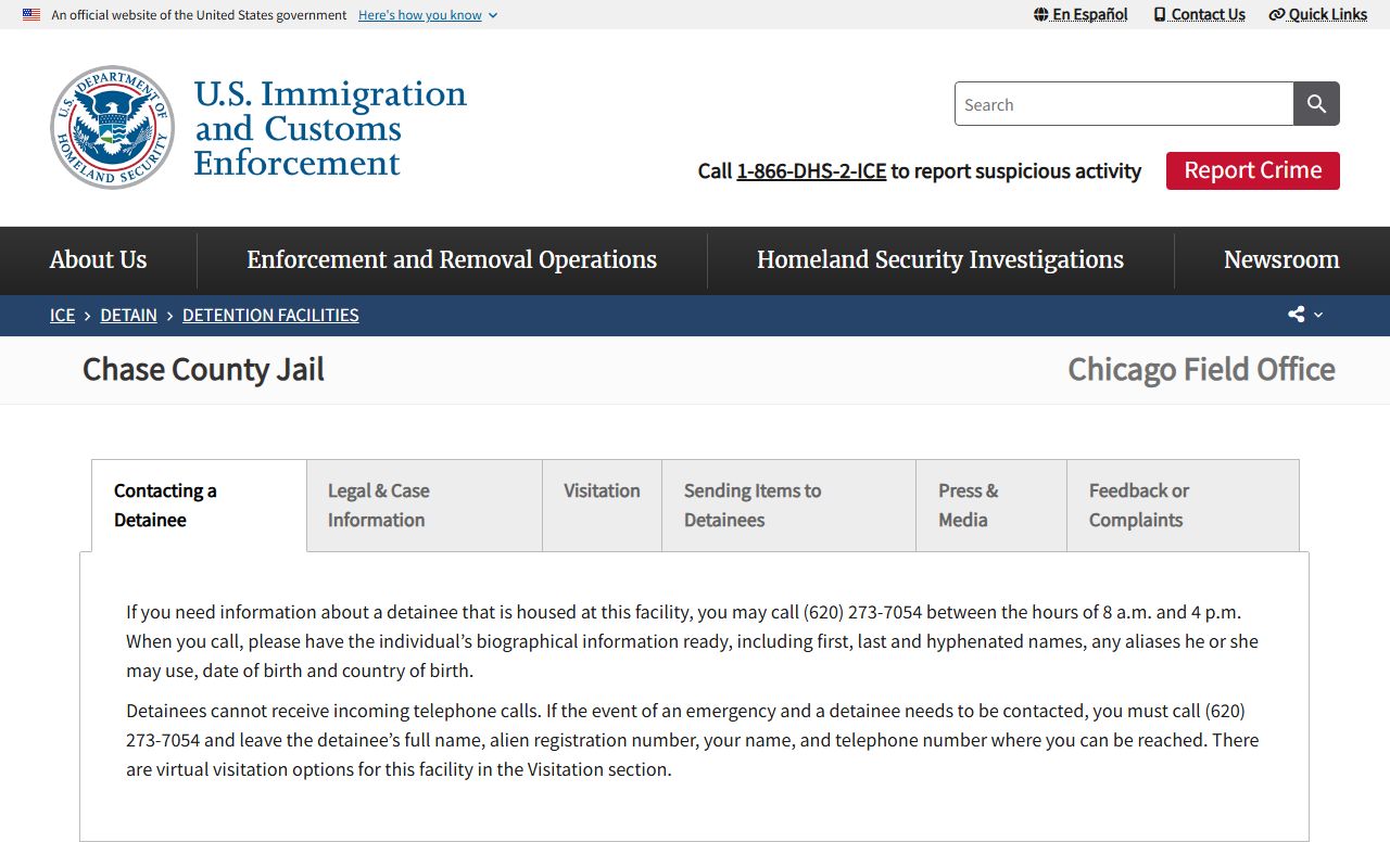ICE Chase County Jail facility page for detention lookup