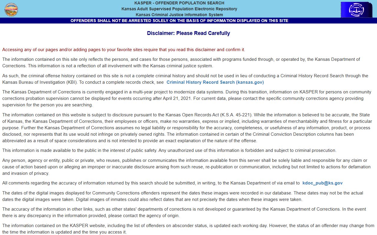 KDOC KASPER search page for Chase County state inmate lookup