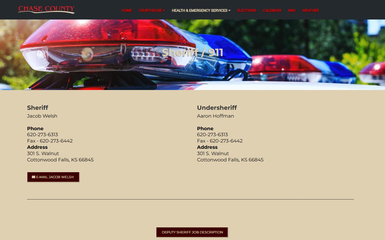Chase County sheriff page for inmate population and jail contact records